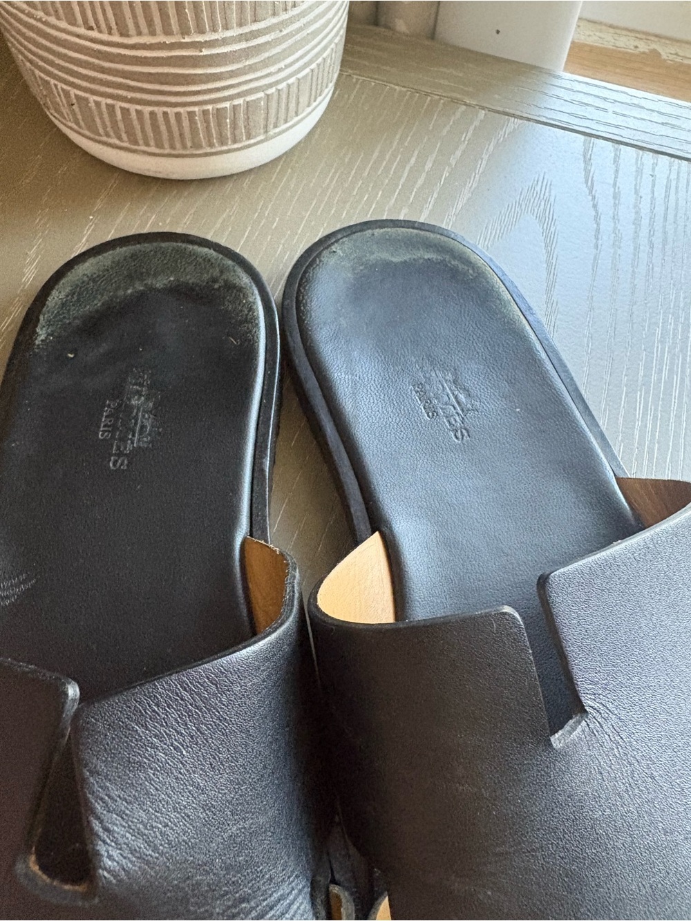 Hermes Izmir Black Leather Slide Sandals - Picture 9 of 11